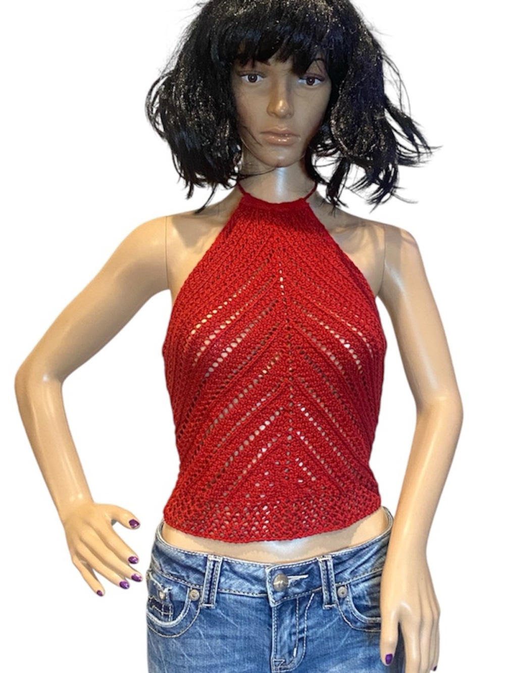 Wild Fable Crocheted Halter Top Sleeveless Crop Sweater Summer Red Size XS NWT